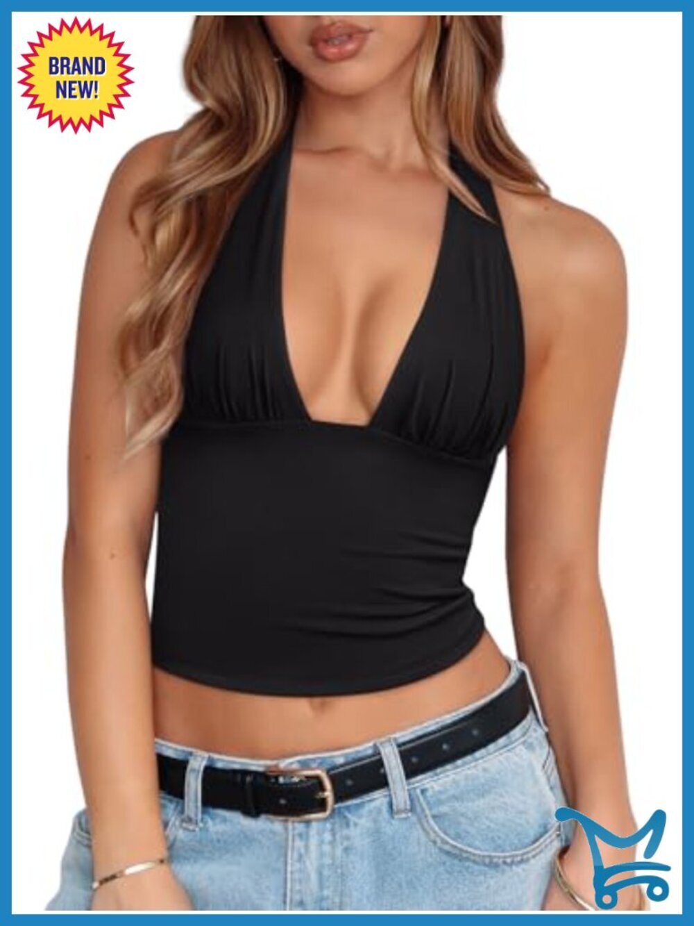 Double Lined Halter Tie Plunge Crop Tank Top | Sleeveless